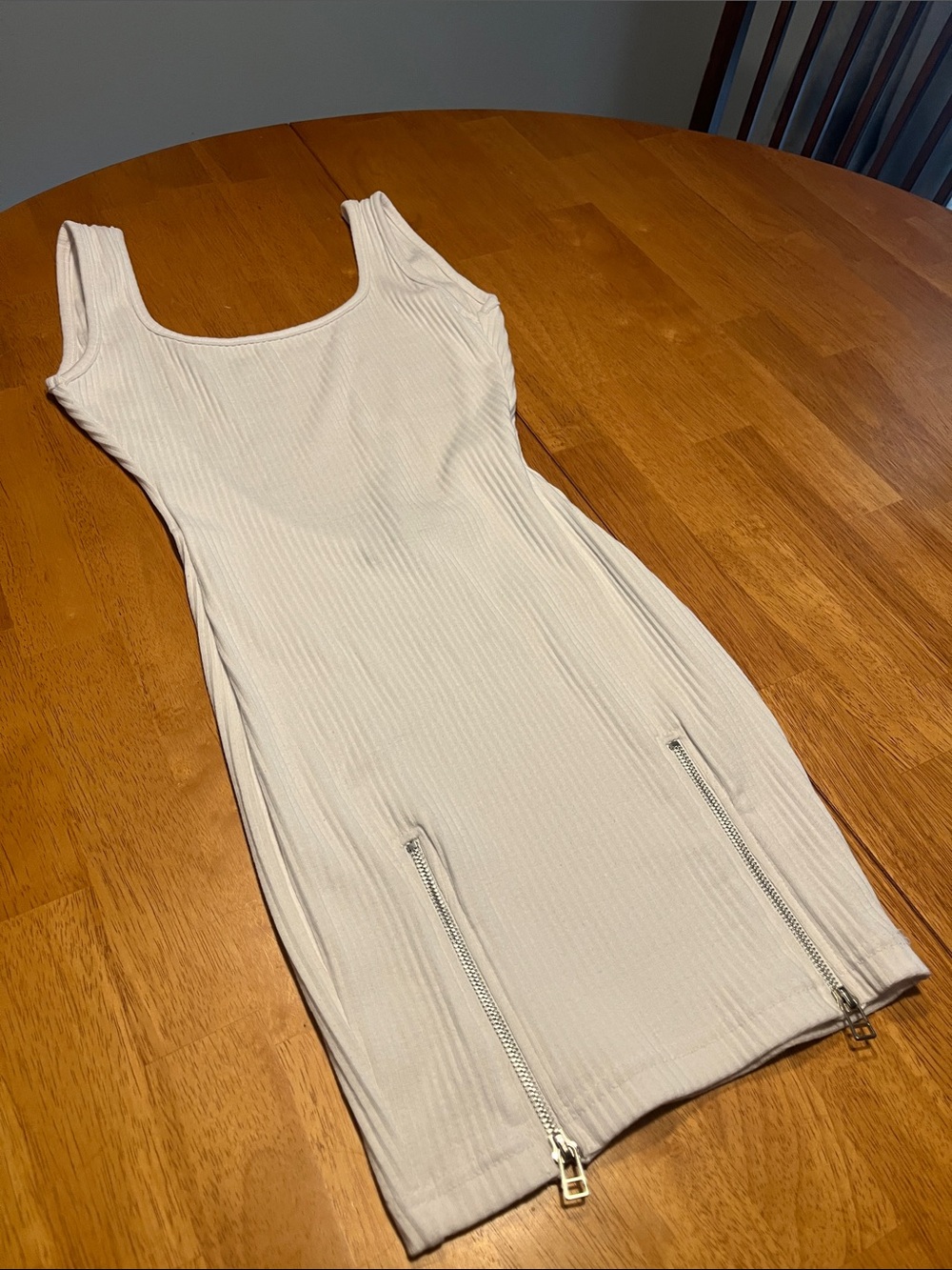Sleeveless Ribbed Bodycon Mini Dress with Dual Front Zippers - Cream